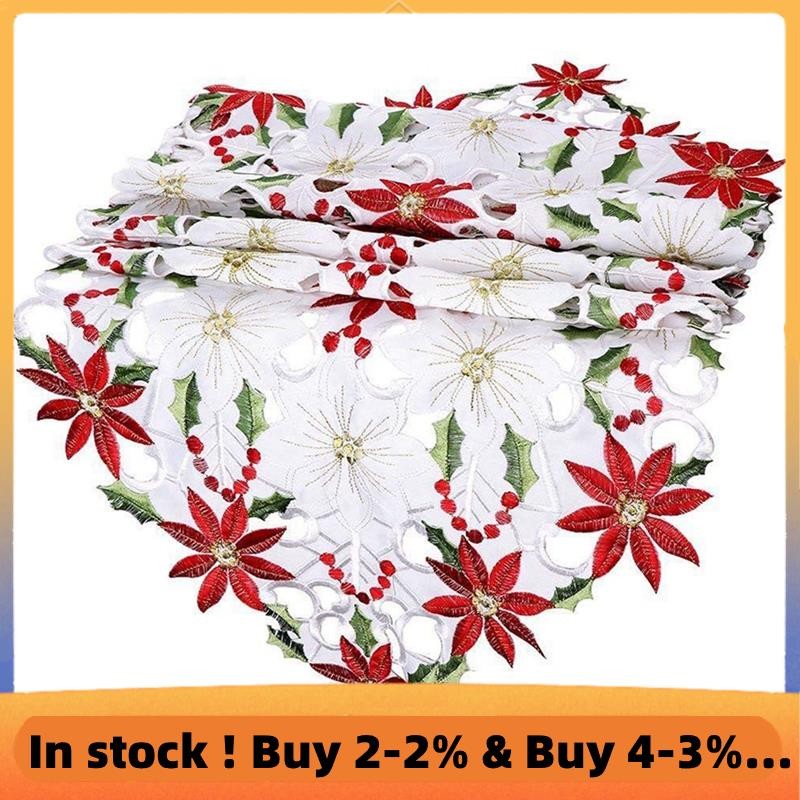 Poinsettia Holly Leaf Embroidered Table Linens for Christmas ...
