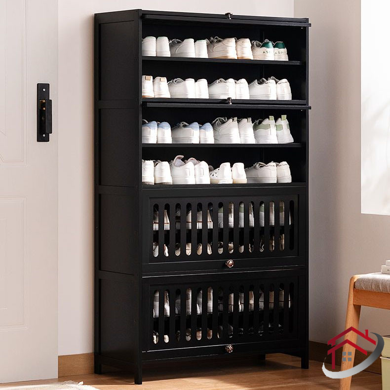 Black/Cream Shoe Cabinet Hollow Flap Door Bamboo Shoe Rack Multi-Layer ...
