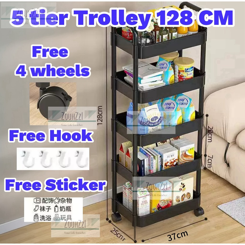 5 Tier Multifunction Storage Trolley Living Room Kitchen Rack With 4 ...