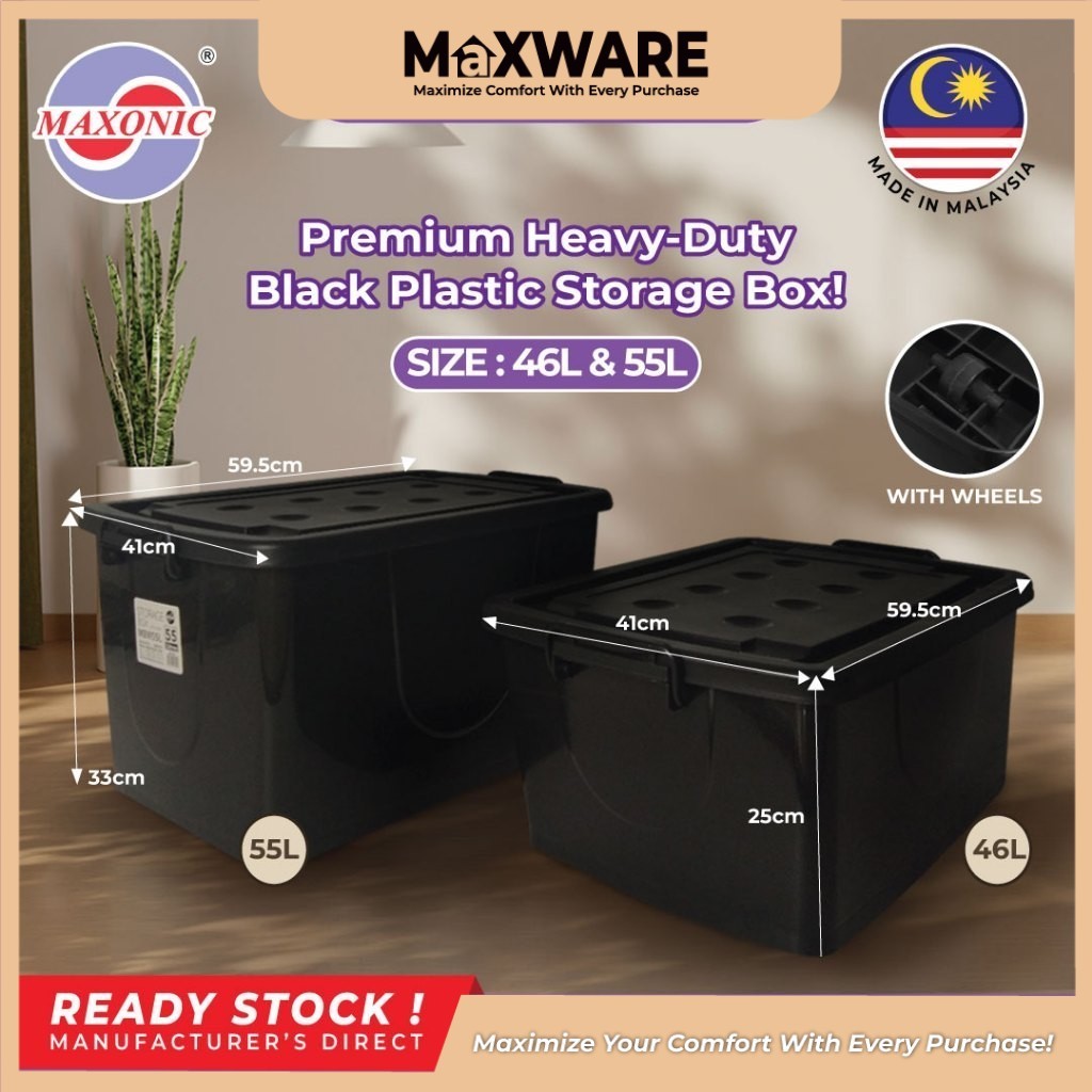 Maxware 46/55 Litre Black Plastic Storage Box With Wheels Kotak ...