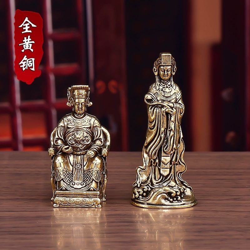 纯黄铜妈祖娘娘神像家用办公室供奉开天后圣母海神桌面小摆件Pure brass