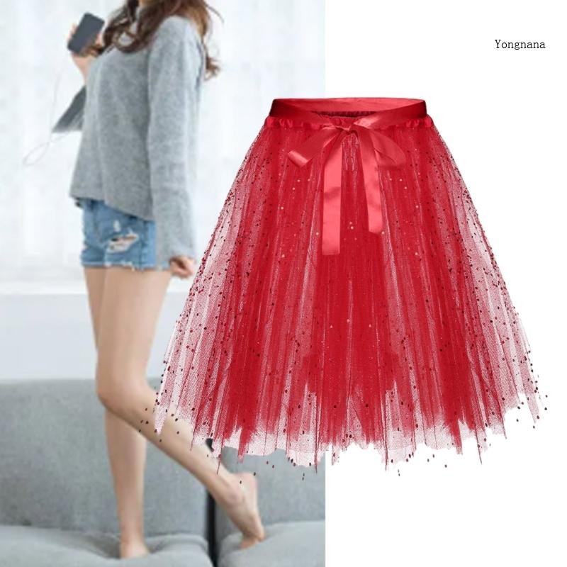 CH*】 Women Tulle Skirts Elastic Waist Pleated Mesh Midi Skirt