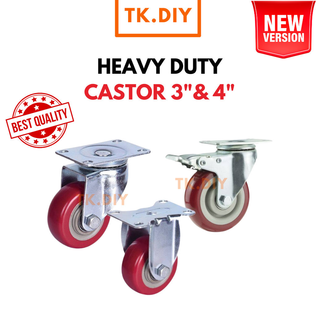 Heavy Duty PU Castor Wheels Trolley Caster 3” 4” Swivel Rigid Brake ...