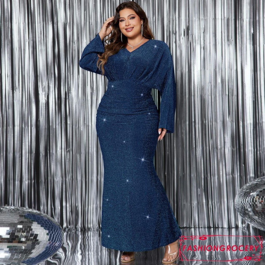 FASHION-Womens Plus Size Dresses Glitter Long Sleeve V-Neck Slim Evening  Formal Prom Gowns | Shopee Malaysia