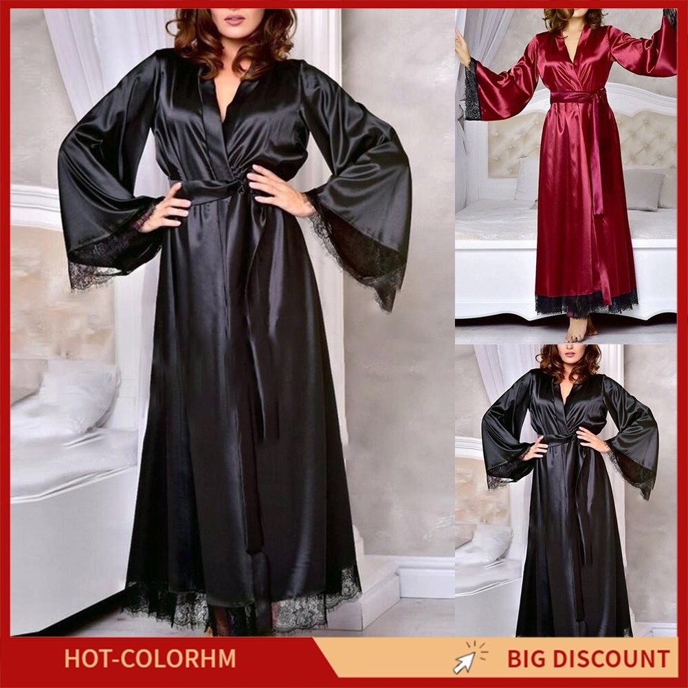 [CM] Women Long Bathrobe Kimono Robe Satin Nightdress Nightgown ...