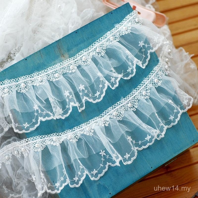 Berkualiti Tinggi 8cm Lebar Dua Lapisan Manik Ruffle Potong Renda ...