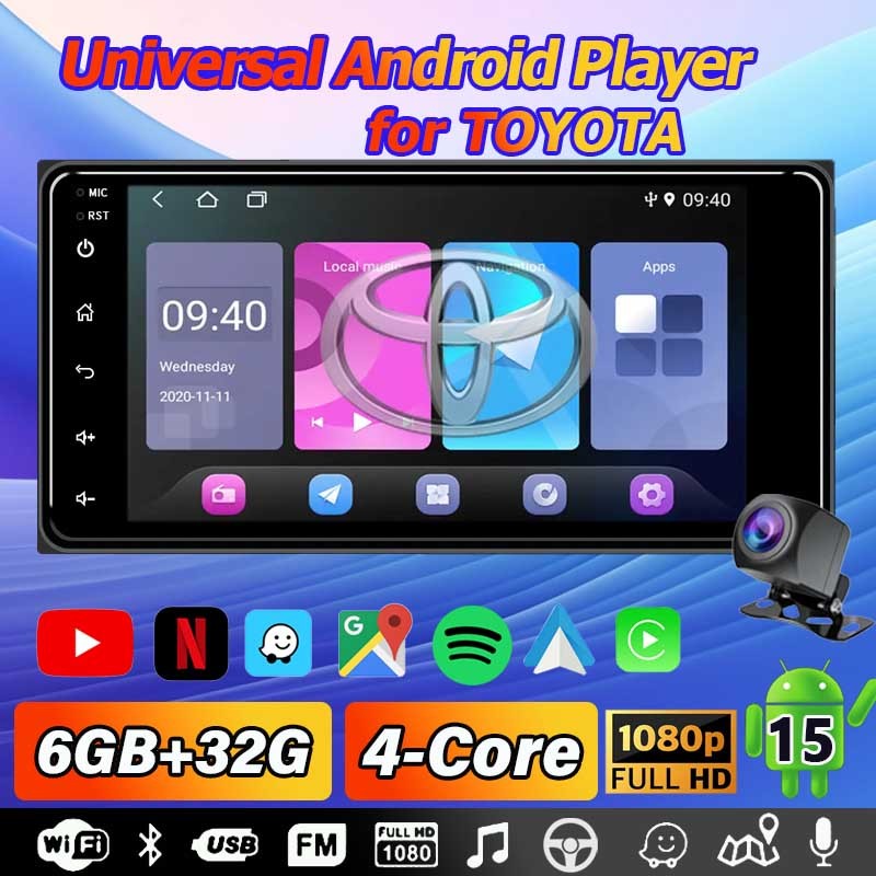 Universal Car Android Player for Toyota 2din Android 15 6GB+32GB Quad ...