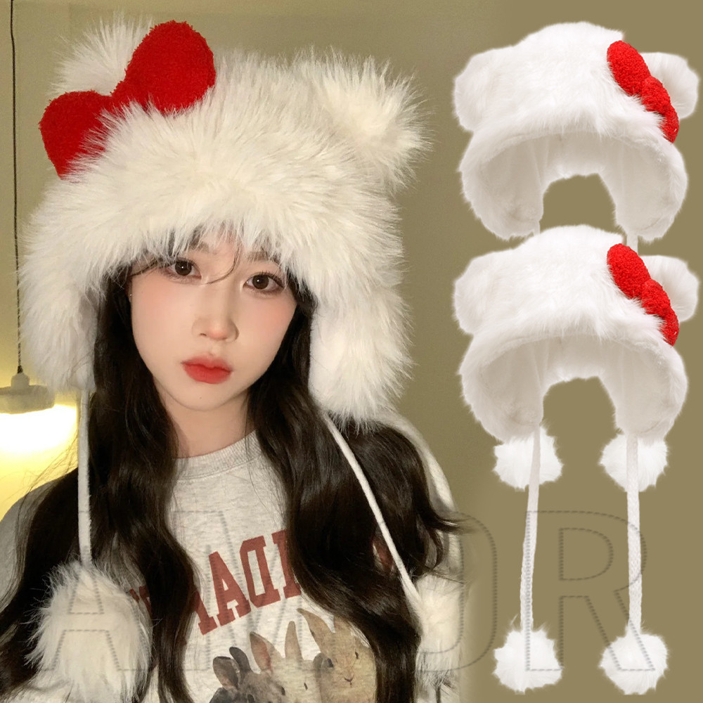 Plush Hello Kitty Hat With Red Bow - Windproof, Thickened, White Lace ...