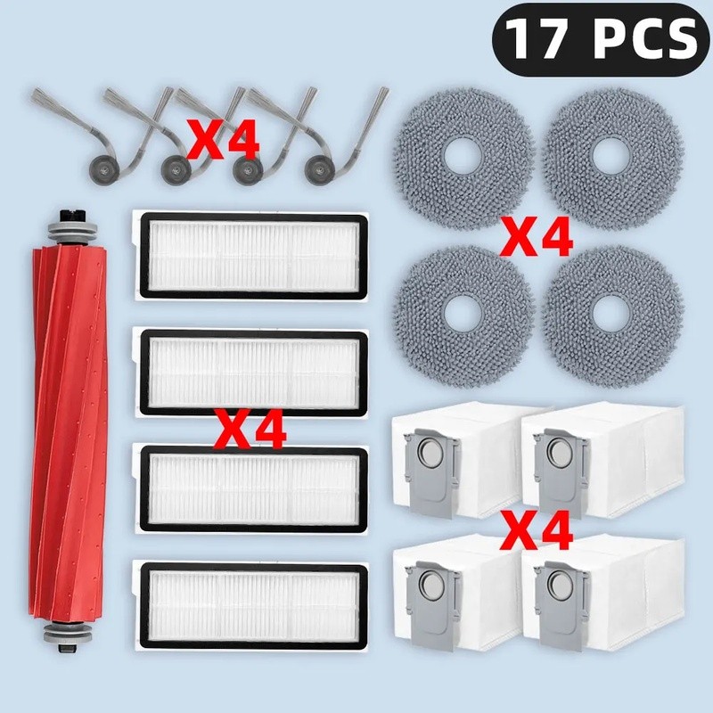 DianSung Accessoireset voor Roborock QV 35A / QV 35S / QR 798 / QR 598 stofzuiger, 1 hoofdborstel, 4 reinigingsdoeken, 4 stofzakken, 4 zijborstels, 4 filters