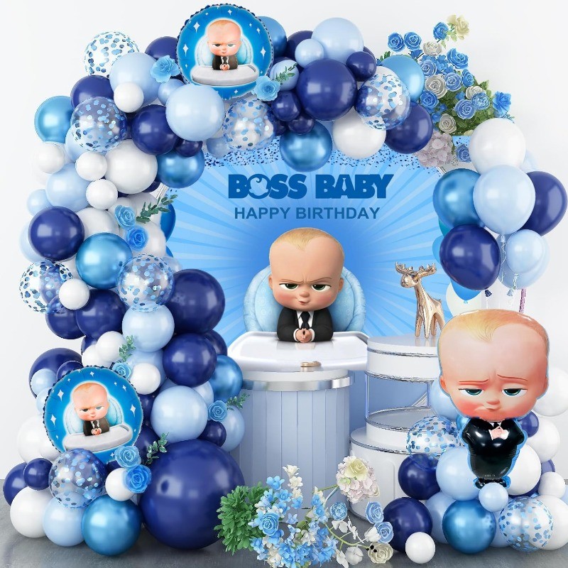 93Pcs The Baby Boss Blue White Balloon Arch Garland Kit with Blue Baby ...