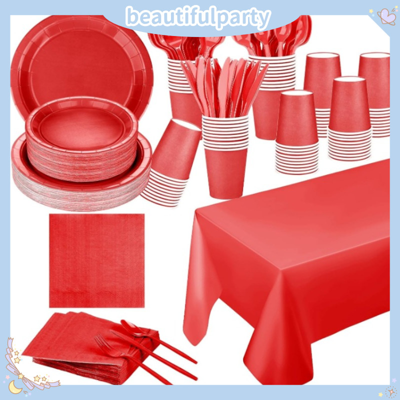 Disposable party cutlery set with red plates/cups/tablecloths for ...