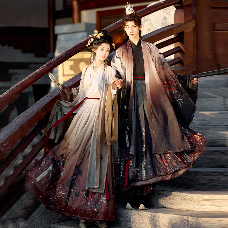 Original Hanfu [Dark Rose] Men Women Couples Cross Collar Waist Printed ...