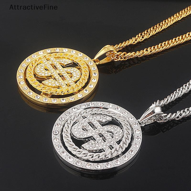 Men's Hip Hop Rotatable Dollar & Bitcoin Symbol Necklace - Gold Plated Alloy Cuban Chain, Adjustable Pendant