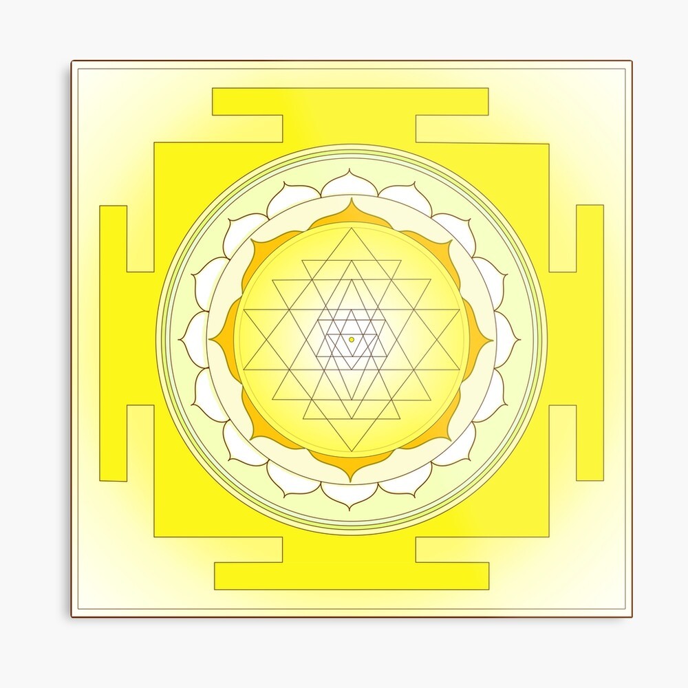 Cetakan Kanvas Geometri Sri Yantra dalam Warna Kuning, Emas, dan Putih ...