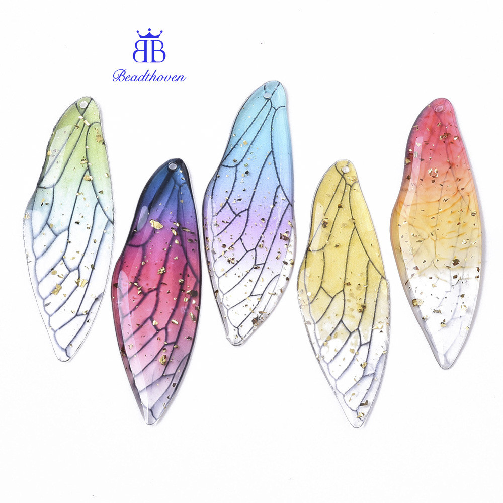 5pc Transparent Epoxy Resin Big Pendants with Gold Foil Insects Wing ...