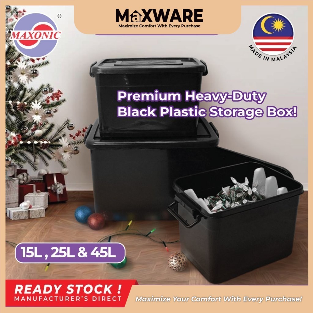 Maxware 15/25/45 Litre Black Plastic Storage Box With Wheels Stackable ...