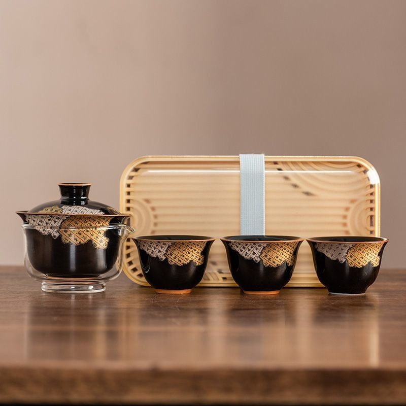 Black Gold Eight Break Travel Tea Set One Bowl Three Cups Kung Fu Tea ...