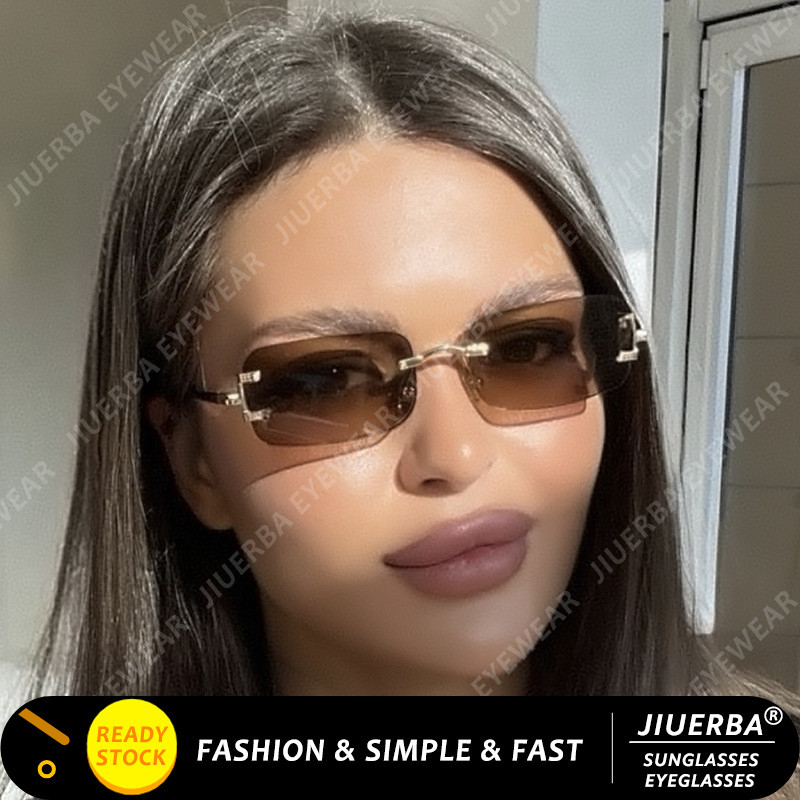(JIUERBA) Metal Rimless Rectangular Sunglasses Gradient Color Small ...