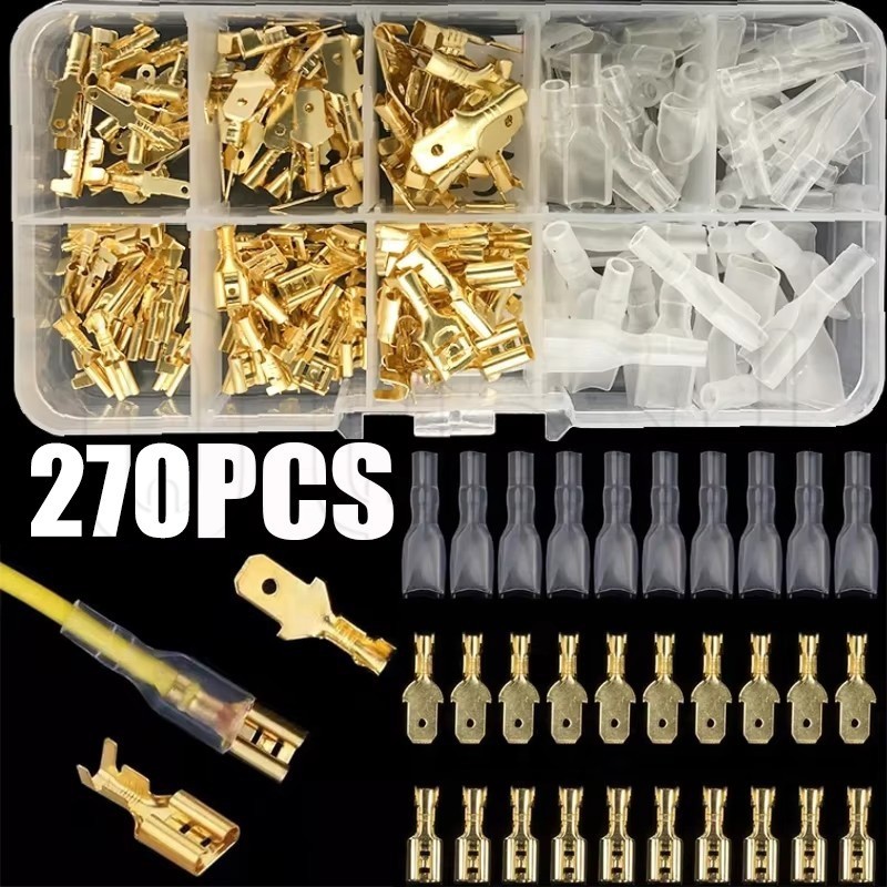 135-Piece 6.3mm Brass Spade Connector Kit - Male & Female Quick Disconnect Terminals, Includes 25 Piggyback Adapters, Non-Insulated-612736