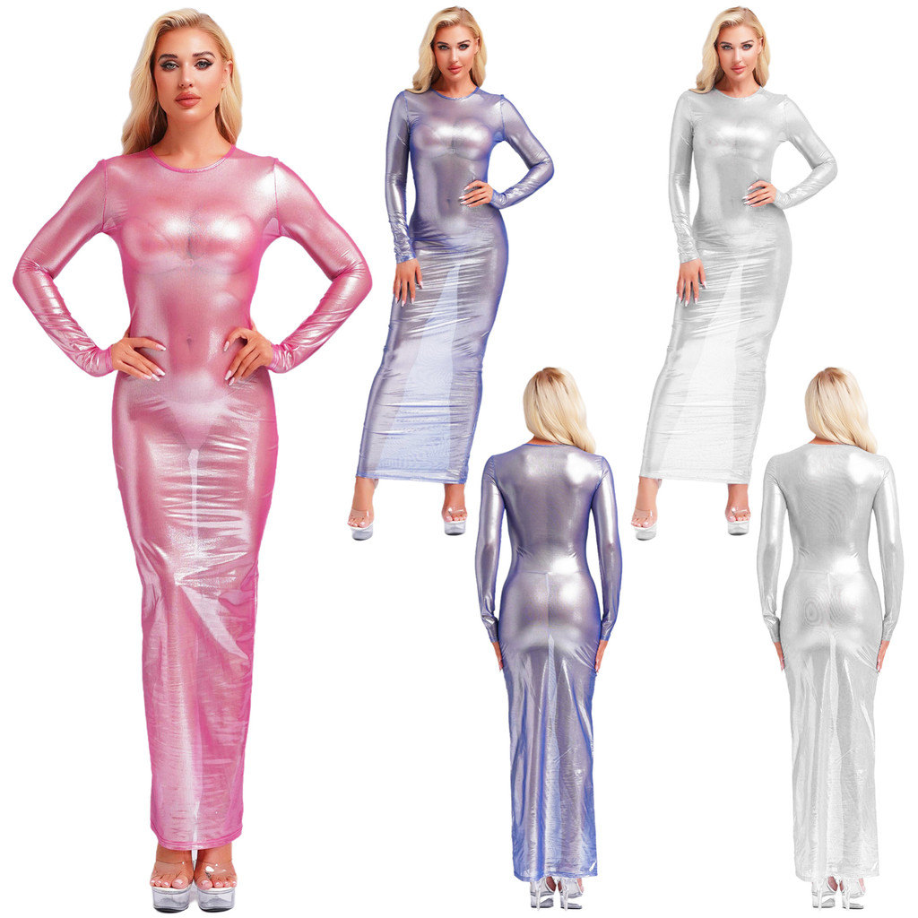 Moggemol Women Sheer Dress Long Sleeve Metallic Glossy Maxi Dress See ...