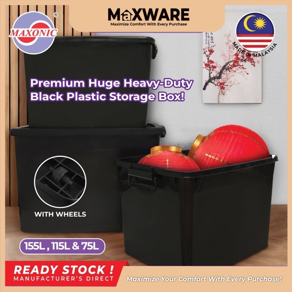 Maxware 155/110/75 Litre Black Plastic Storage Box Kotak Simpanan ...