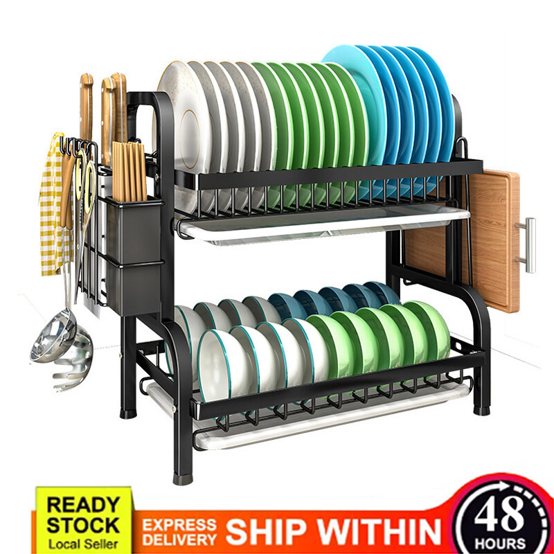 Dish Racks, 2 Tier Drying Rack Drainboard Set, Black Dish Drying Rack ...