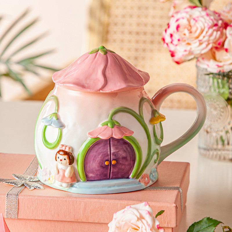 Hand-Painted Embossed Three-Dimensional Pink Flower Room Ceramic Mug ...