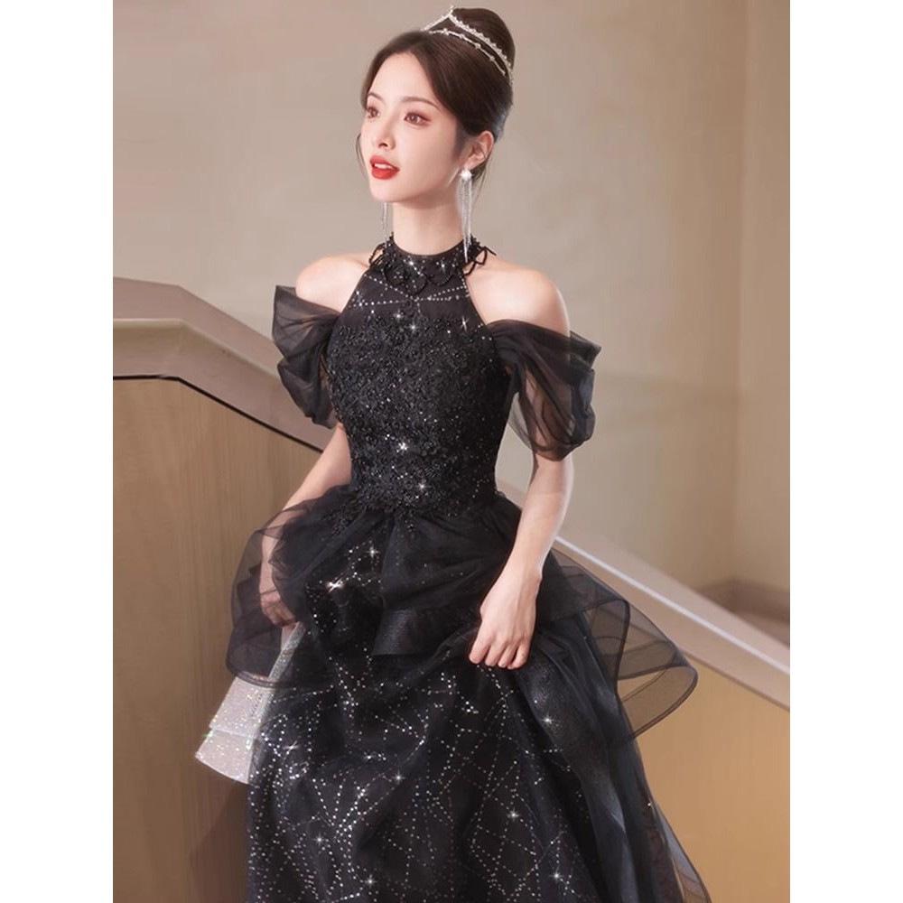 Evening Dress Banquet Classy Light Luxury High-End Elegant High-End Feeling  Host Pettiskirt Black Halterneck Party Dinner Party lf11. | Shopee Malaysia