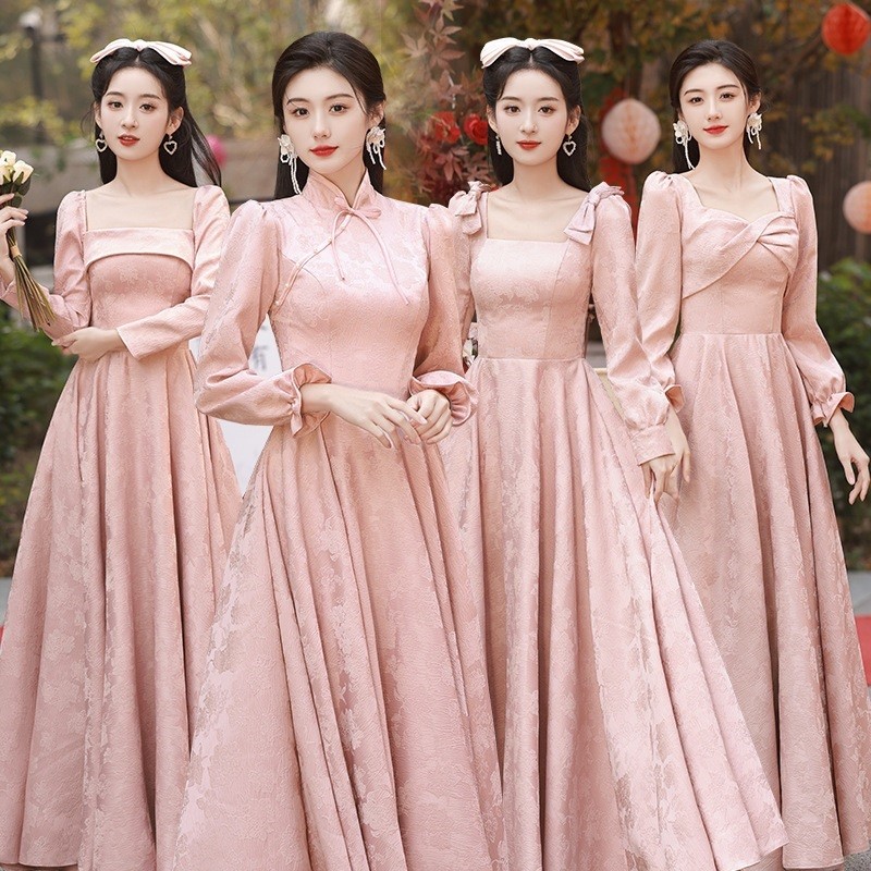 Pink Long-sleeved Bridesmaid Dress Chinese Style Sister Group Wedding  Banquet Evening Gown 2025 Chinese New Year Hanfu Dresses | Shopee Malaysia
