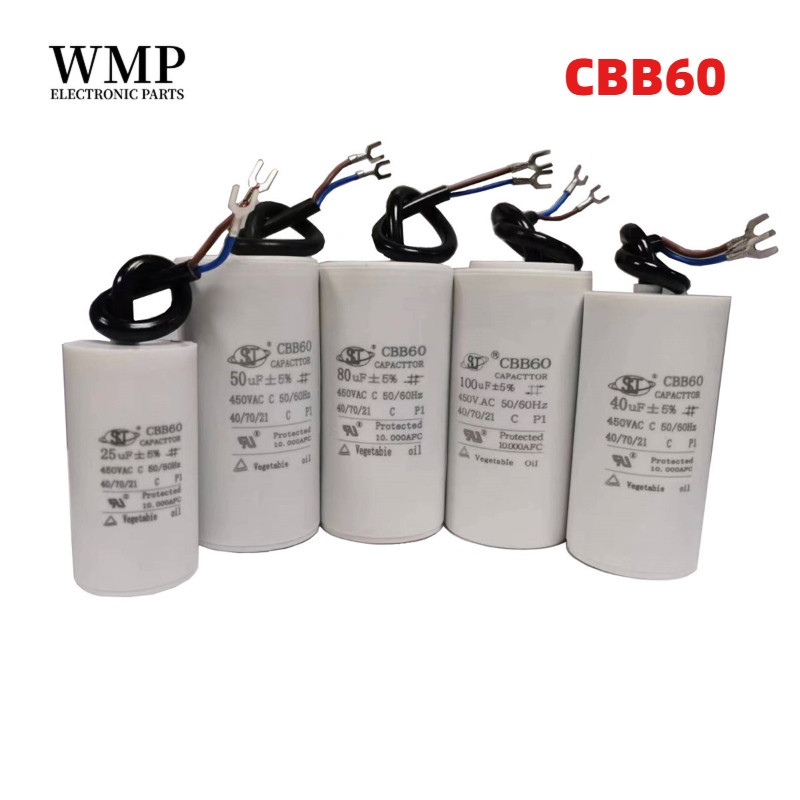 CBB60 Motor Run Capacitor – 20µF, 450VAC, Round Cylinder, 2-Wire – Metallized Polypropylene Film – For Air Conditioners, Pumps, Washing Machines, And Motors