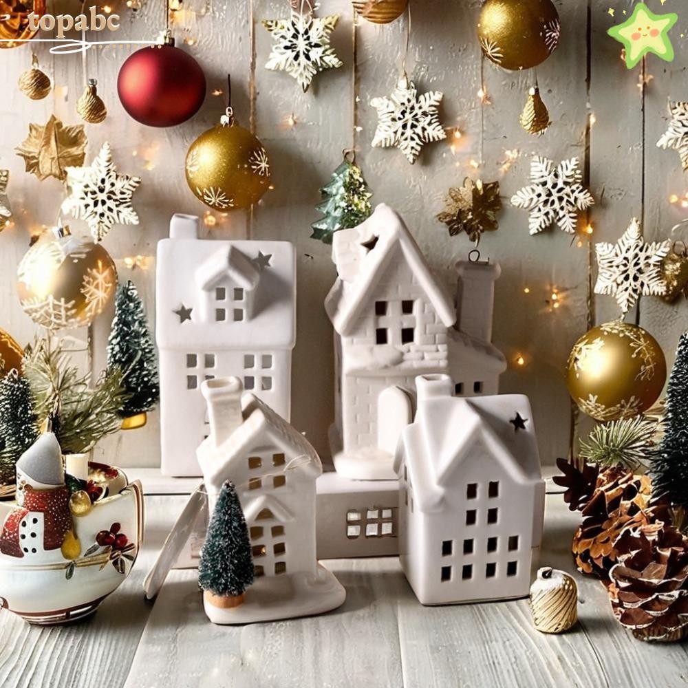 Ceramic Christmas Village Houses Set - 3 Lighted Houses & 4 Trees, Battery LED, Winter Tabletop Decor