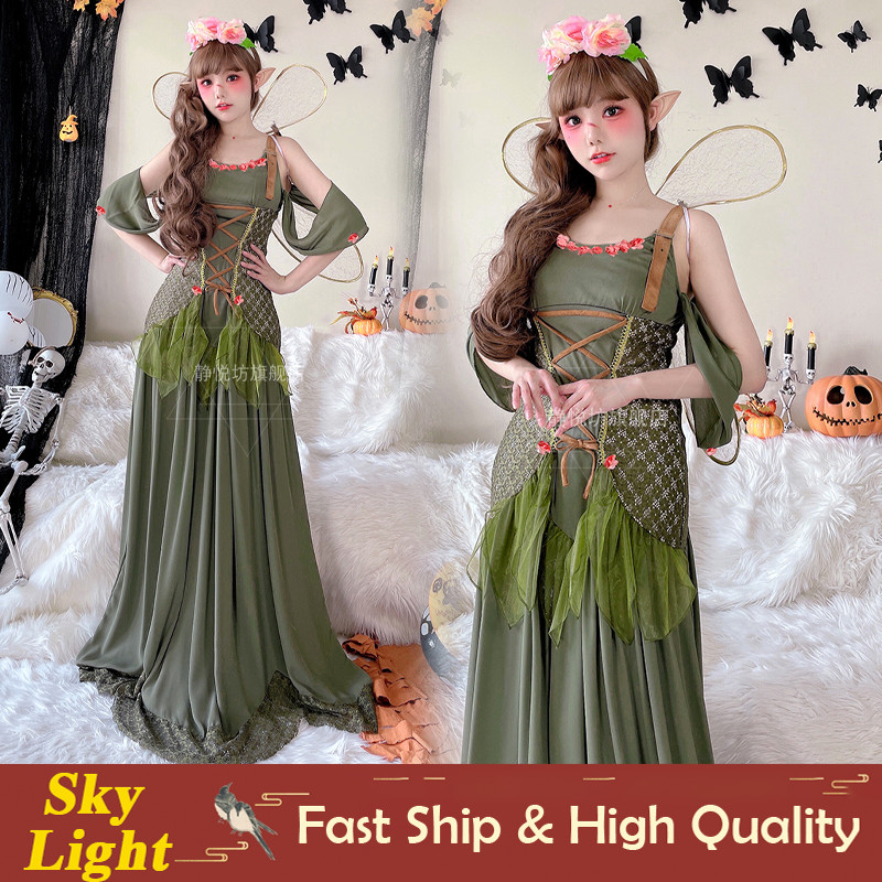 american eagle green dress with white flowers Tinkerbell Costume Fairy Elf Petal Hem Mini Dress Green main image 0