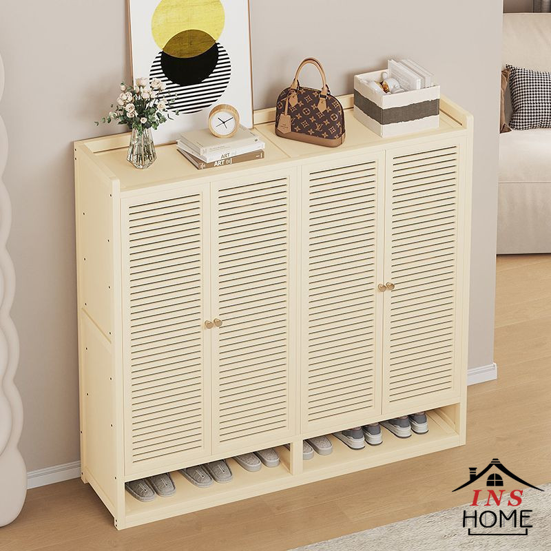 Cream Shoe Cabinet Shutter Door Bamboo Shoe Storage Rack Shoe Rack ...