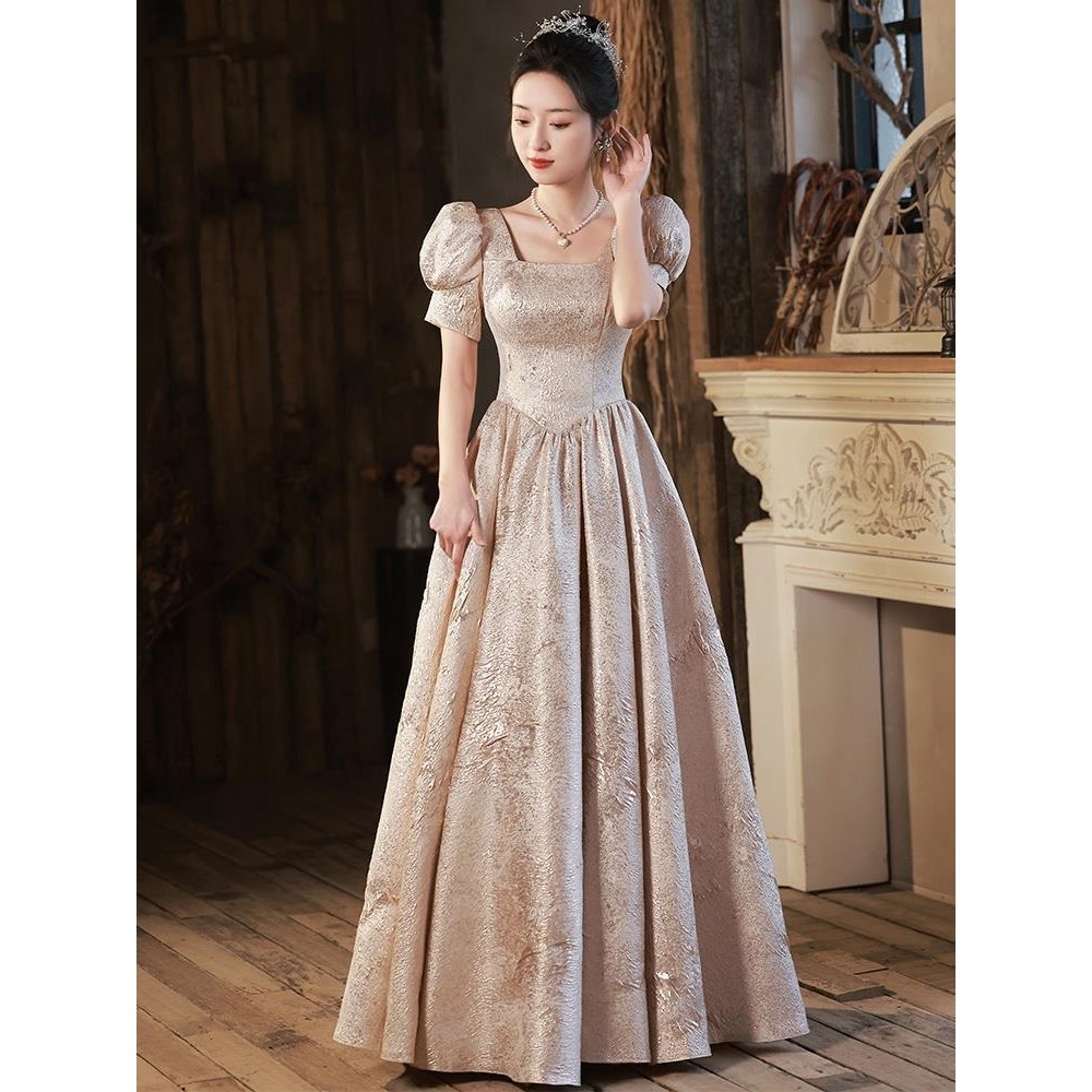 French Style Champagne Gold Evening Dress Temperament Puff Sleeve Banquet  Slim Princess Dresses Annual Dinner Birthday Party Long Prom Gown | Shopee  Malaysia