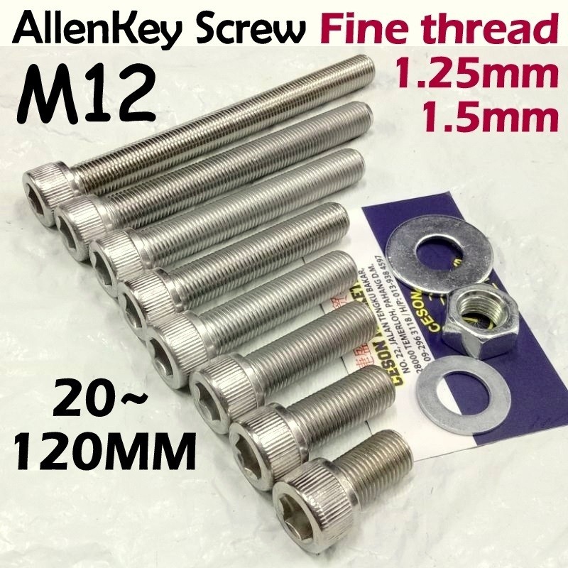M12 Fine Threaded 1.25 1.5mm Hex Socket Cap Head Screws 304 Stainless ...
