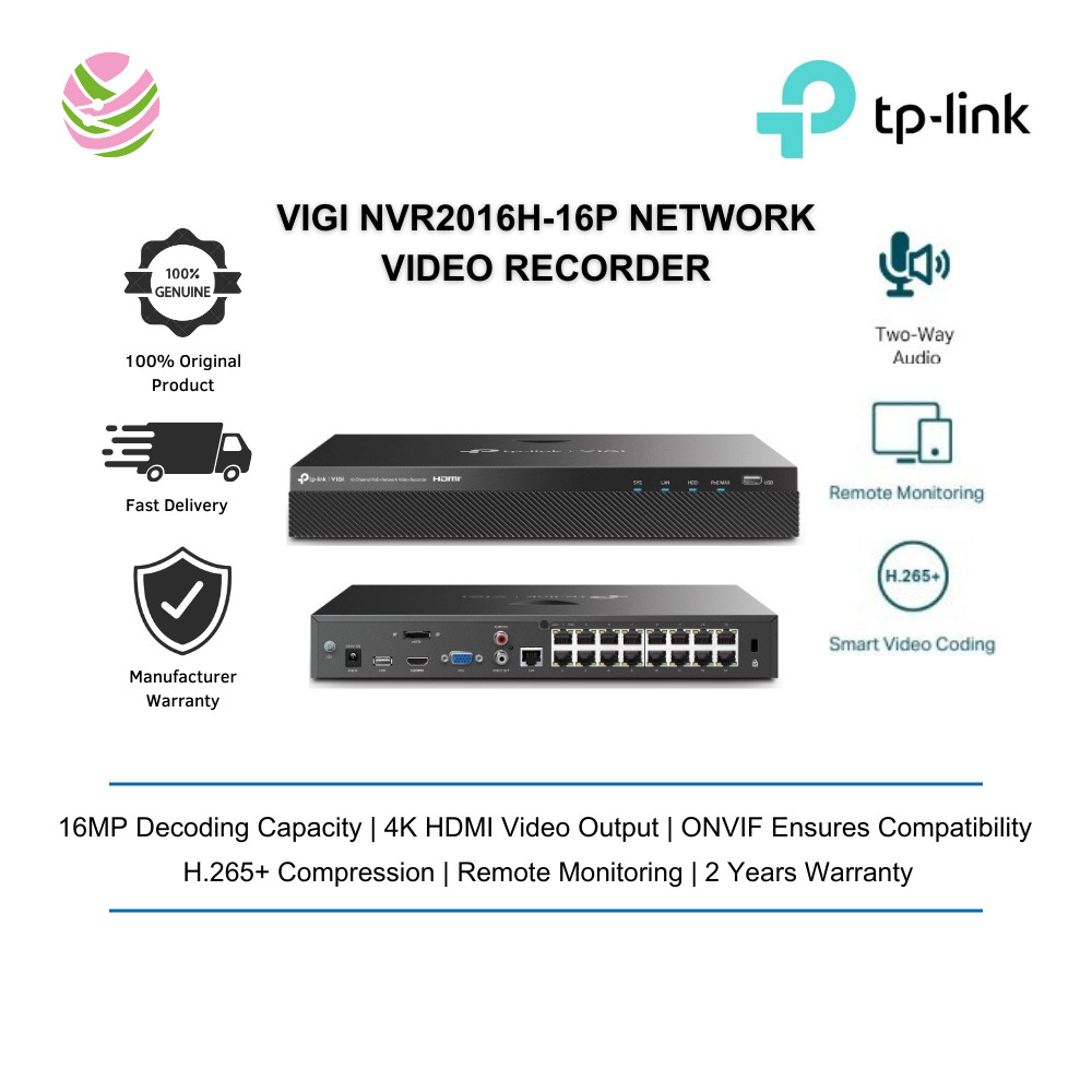 TP-Link VIGI NVR2016H-16P 16 Channel PoE+ Network Video Recorder with ...