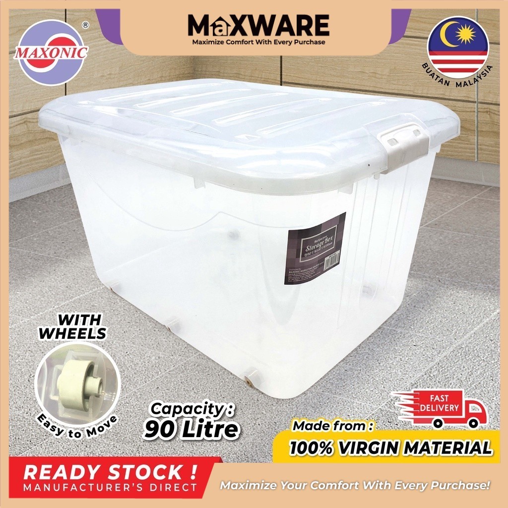 Maxware 90 Litre Multipurpose Storage Box With 6 Wheels Home Organiser ...