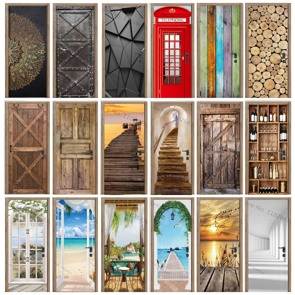 Multi Style 3D Door Stickers Self Adhesive Wallpaper PVC Wood Grain ...