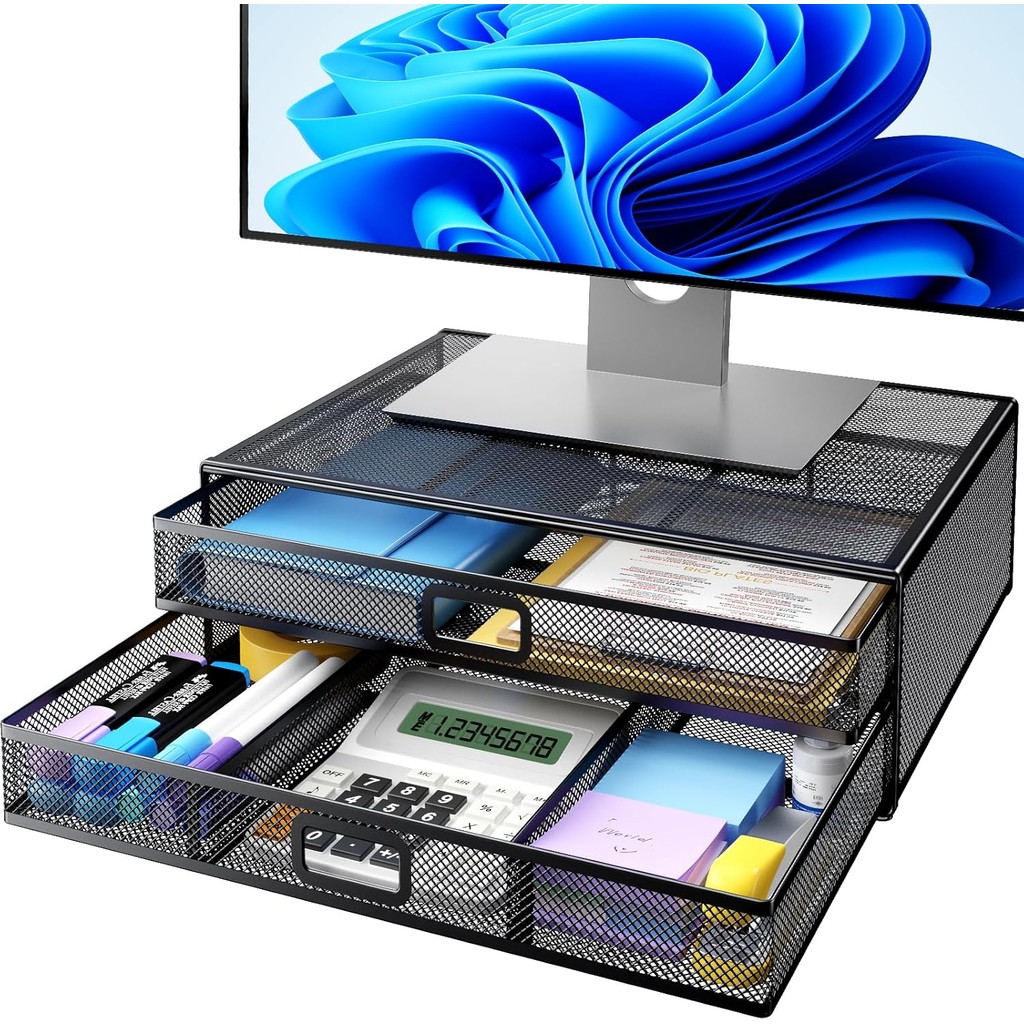 HUANUO 2 Tier Monitor Stand, Metal Monitor Riser with Drawer, Desk ...