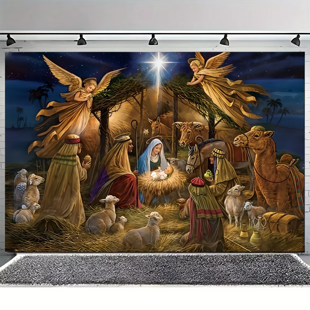 Christmas Garage Door Banner Large Christmas Backdrop Decoration Holiday Vinyl Cover Christmas Door Decorations Garage Banner For Outdoor Indoor Home Nativity Holiday Wall Photo Background (C