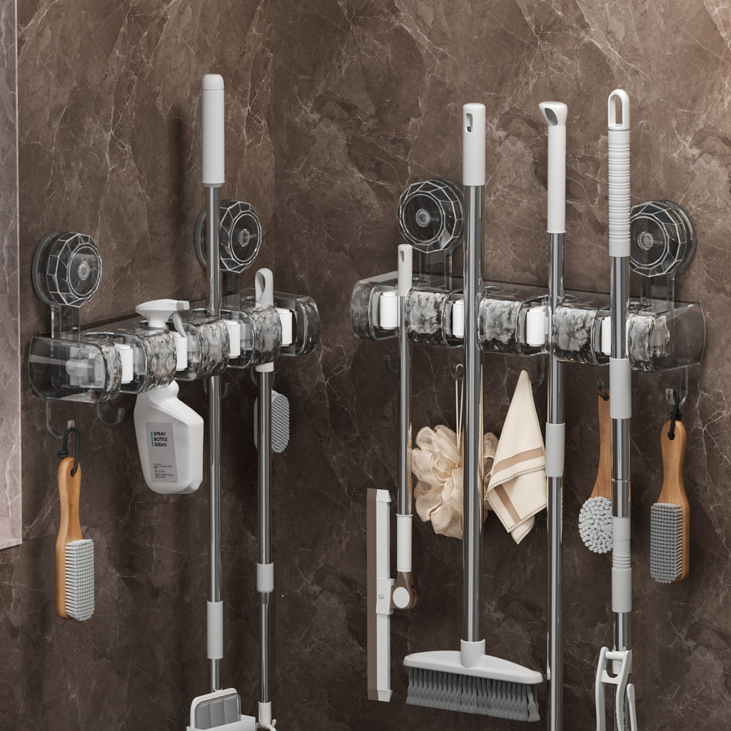 Suction Cup Broom Mop Holder with Hook, Wall Mount Mop Clamp Hanger ...