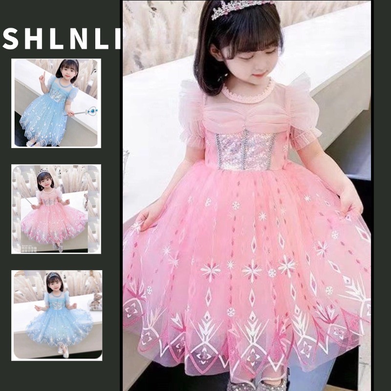 Girl's Spring Summer Elsa Princess Lace Mesh Mid-length Puff Dress ...