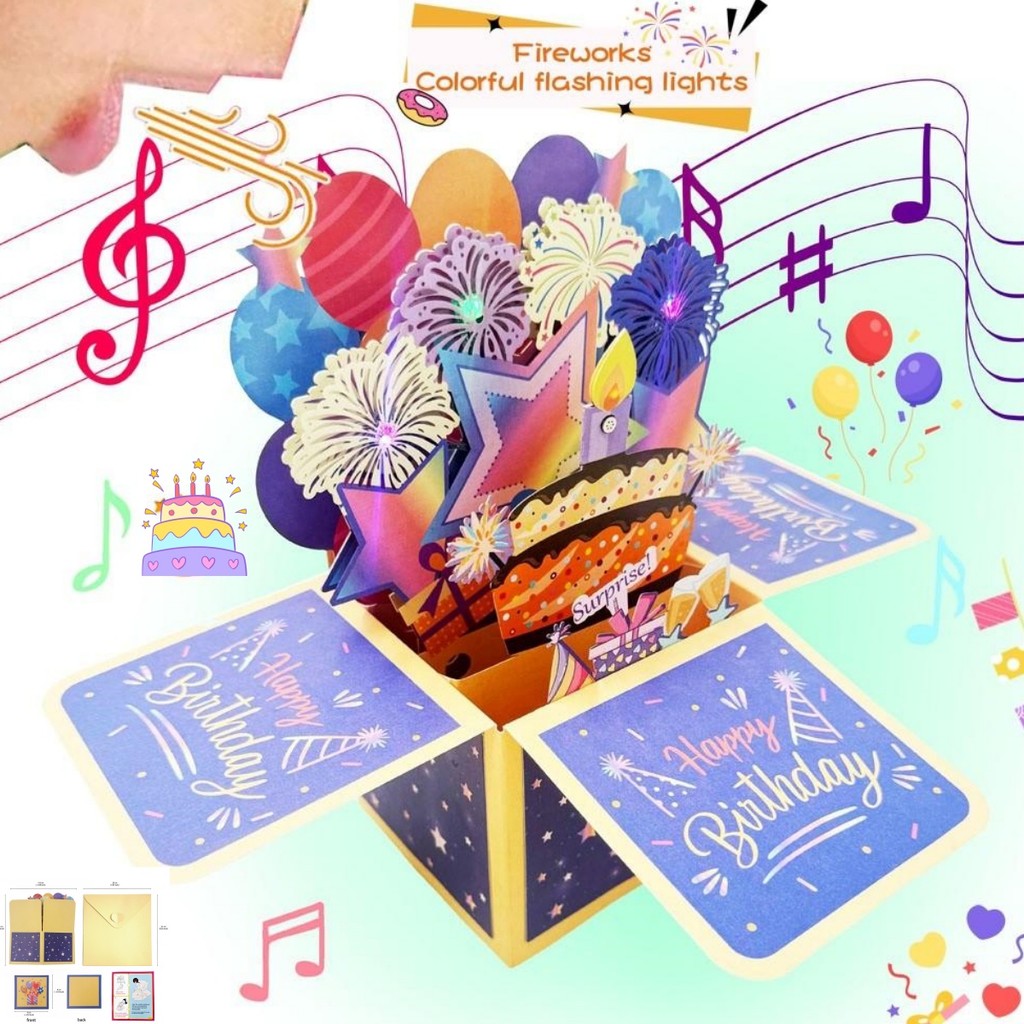 3D Birthday Cake Pop Up Card Blowing with Fireworks Music Colorful ...