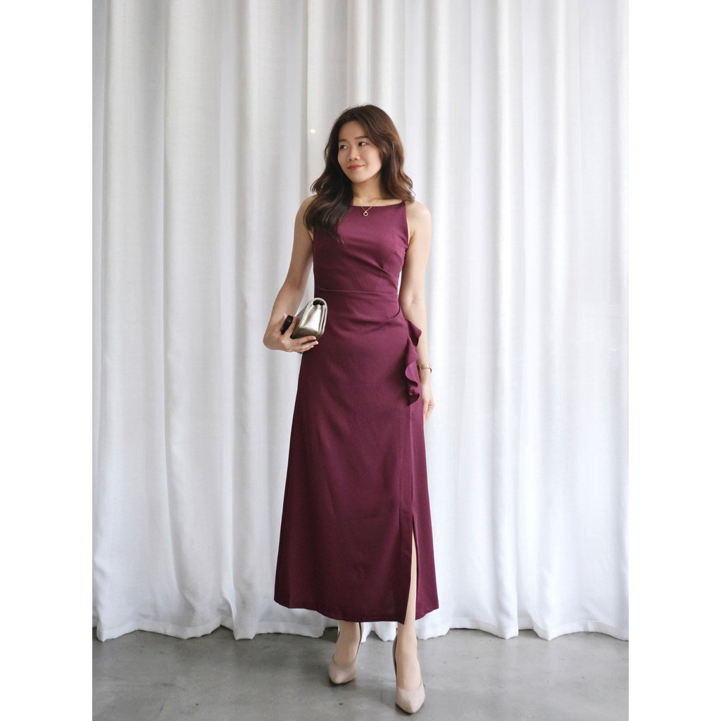 ACEWIN Spaghetti Strap Side Ruffle Slit Maxi Dress (Size S-XL) 703229 ...