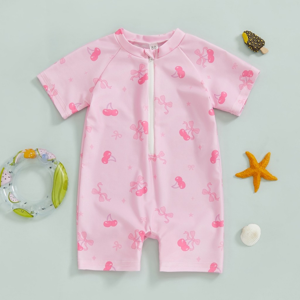 MANGO-Toddler Girl Rash Guard Swimsuit Cherry/Bow Print Zipper Short ...