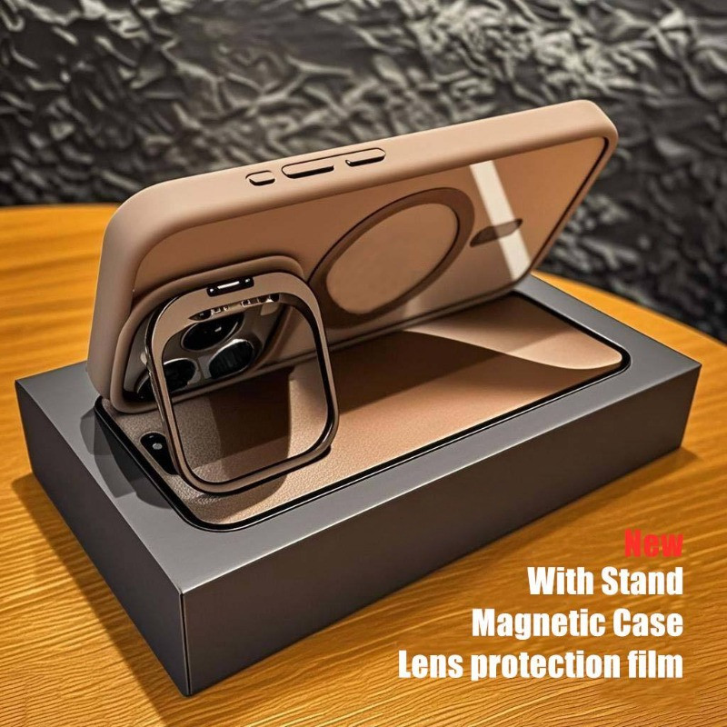 Desert Titanium With Stand Magnetic Phone Case For iPhone 11 12 13 14 15 16 Pro Max Plus 16E Lens Anti Scratch Flim Casing Side Anti-Slip Silicone Shockproof Clear PC Back Cover