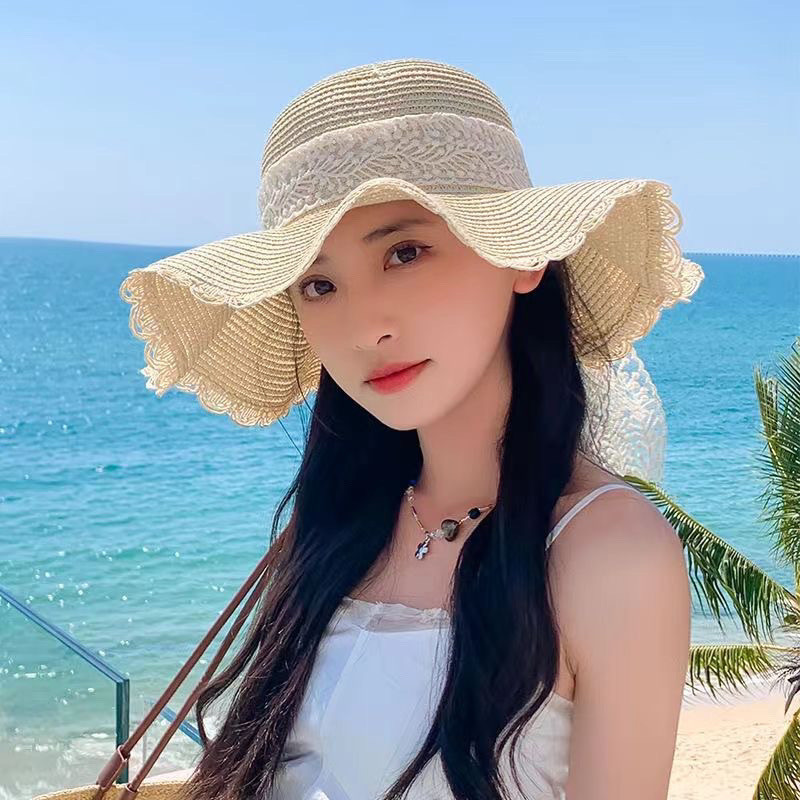 Topi pantai musim panas versi Korea, topi jerami busur renda ...