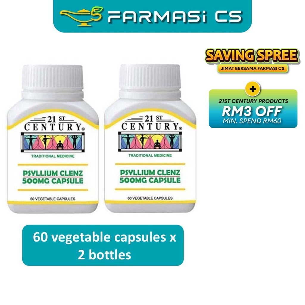 21st Century Psyllium Clenz 500mg 2 X 60 Vegetable Capsules EXP 10 2026 Sg 11134201 7reph