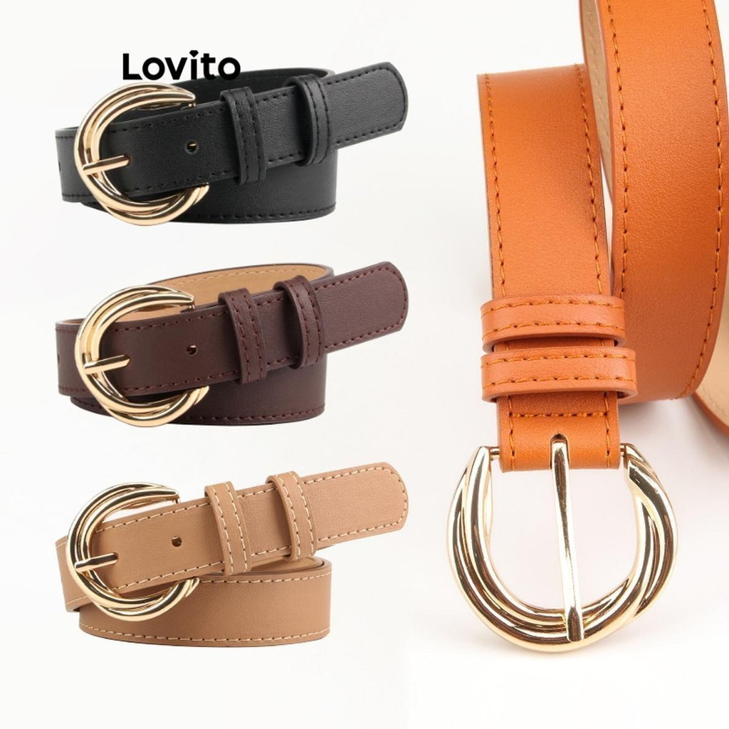 Lovito Casual Plain Texture Metal Belt for Women LFA21093 Sabuk Tekstur ...