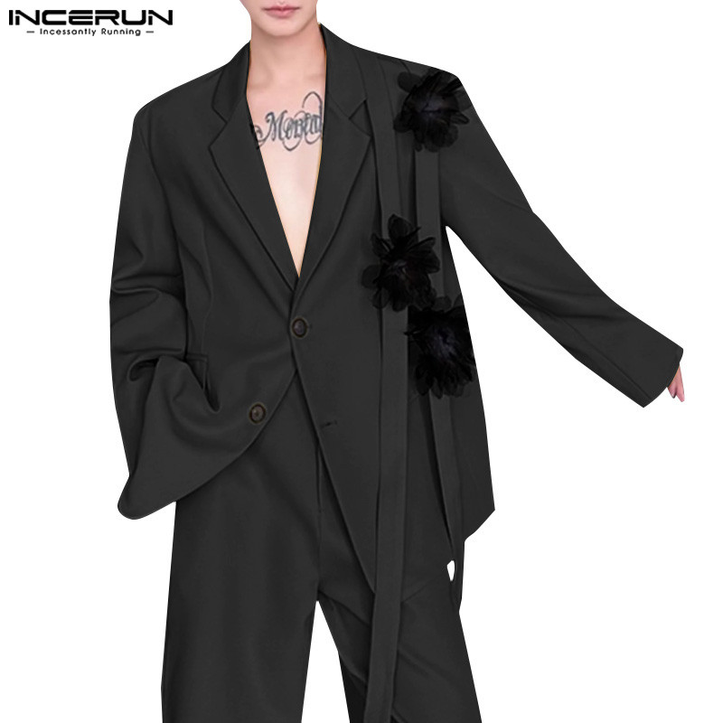 INCERUN Men Korean Casual Ribbon Long Sleeve Floral Loose Design Blazer ...